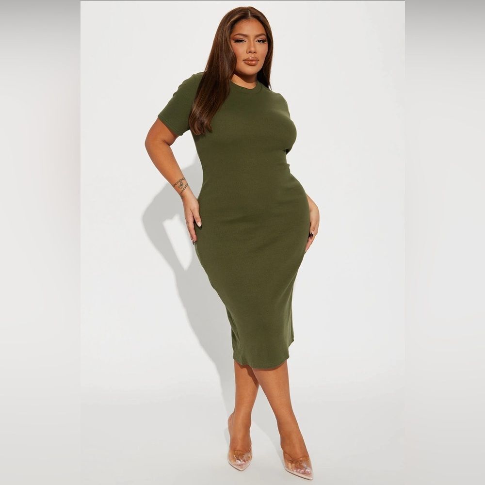 Fashion Nova Kacey Knit Midi Dress-Olive Green Plus Sz 3X Short Sleeve Ribbed